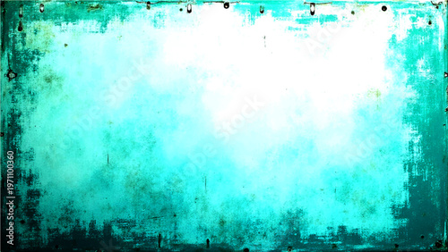 Rustic turquoise metal background with weathered patina and textured wall surface with faded paint and aged plate industrial design.