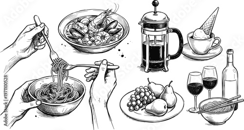 Hand drawn dining illustration with pasta seafood coffee fruits wine glasses and gourmet food lifestyle composition