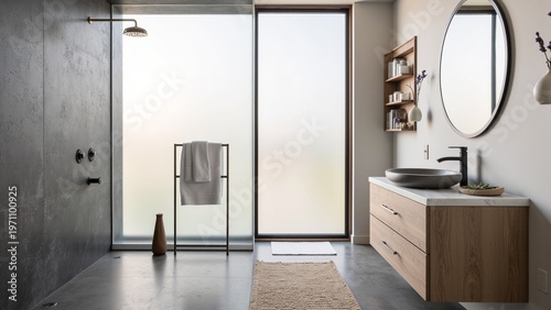 Serene Gray and Wood Modern Bathroom Interior