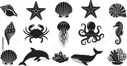 Marine Life Icons Collection, Nautical Sea Creatures Vector Set, Ocean Wildlife Silhouettes for Aquatic Design Projects