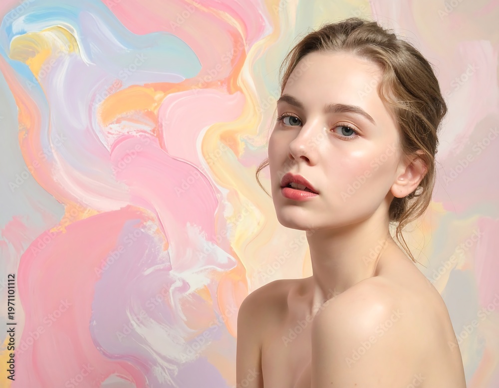 Naklejka premium A woman with fair skin and brown hair against a colorful abstract background