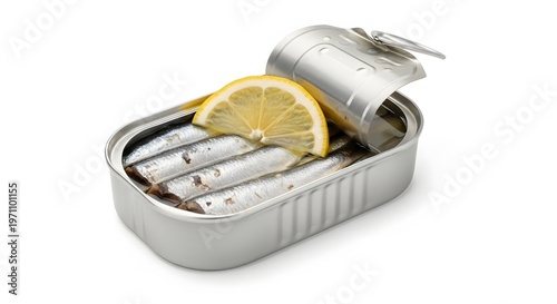 Canned sardines in open tin with lemon slice, preserved small fish in silver metal container, gourmet seafood appetizer on white background