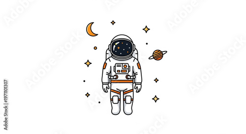Astronaut floating in space with stars moon and planet wearing white and orange suit