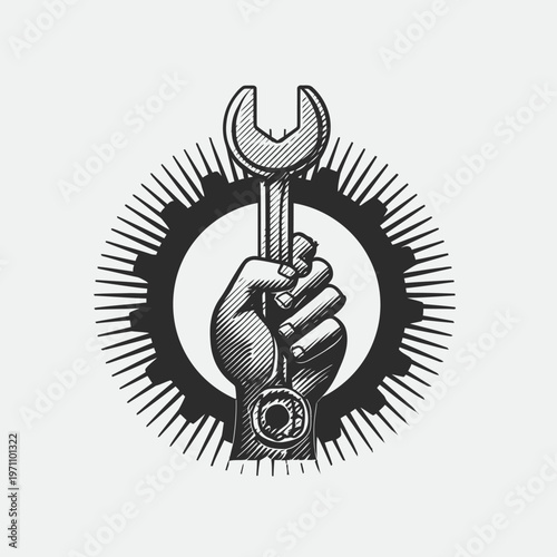 Clenched fist holding a wrench, mechanical tool emblem with a gear and sunburst background. Retro style for repair, service, and industrial labor.