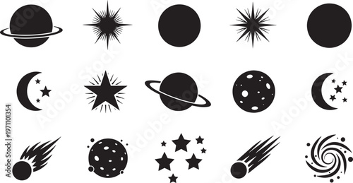 Cosmic Icons Set: Celestial Bodies, Stars, Planets, Moons, Comets, and Galaxies for Space Exploration and Astronomy Graphics