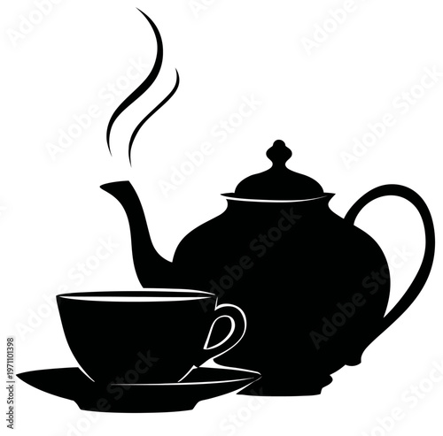 Black silhouette of a steaming teacup with saucer and classic teapot, perfect for hot beverage, afternoon tea, or cafe designs.