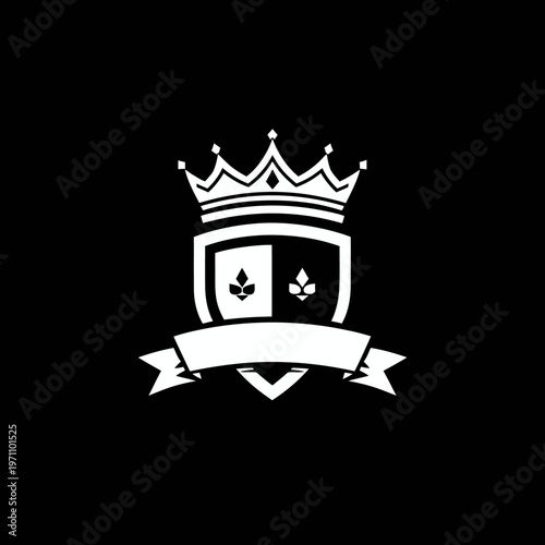 Elegant Royal Crest Vector Illustration with Crown, Heraldic Shield, Fleur-de-lis Symbols, and Blank Banner on Black Background