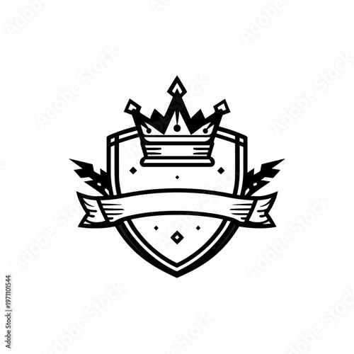 Elegant black and white royal crest emblem featuring a crown, shield, and blank banner, perfect for premium design concepts
