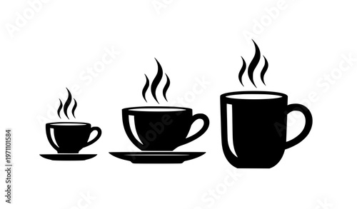 Steaming coffee tea cups silhouette vector cafe beverage icon collection