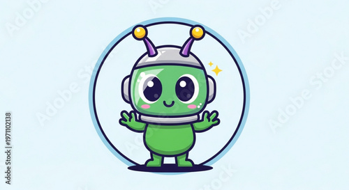 Cute green cartoon alien character wearing a space helmet with antennae on a light blue background
