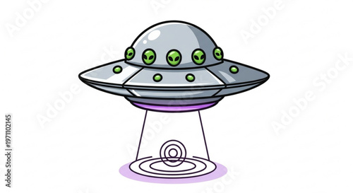Gray ufo with green lights hovering above swirling purple beam on white background sci fi concept