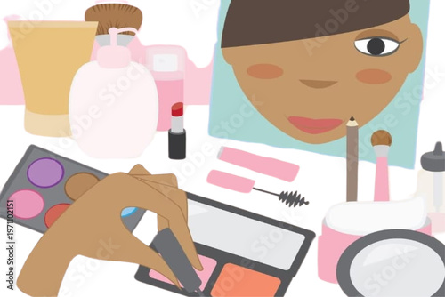 Beauty Tools Display: A vibrant collection of cosmetics, including brushes, lipsticks, and eye shadows, is carefully arranged on a surface, complemented by the elegant depiction of a person.