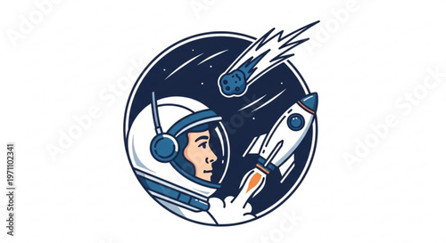 Astronaut in white spacesuit flying through space with rocket ship and stars