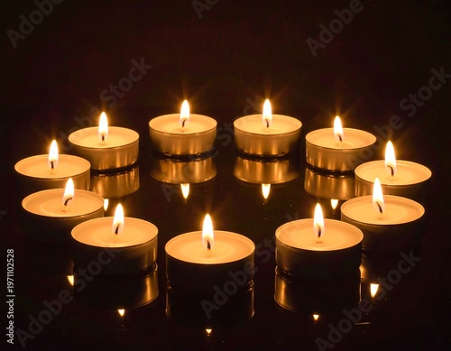 A cluster of lit tea candles on a reflective surface