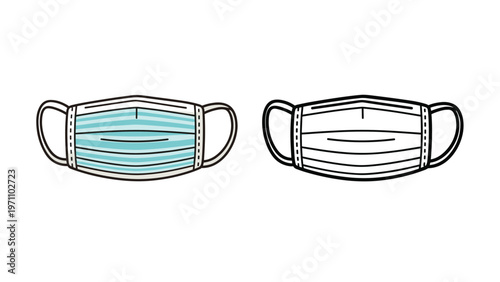 Essential medical face mask, depicted in both light blue color and black and white line art, symbolizing health, safety, and protection.