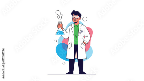 Confident male scientist in a lab coat and safety glasses, holding a steaming beaker with a blue liquid, representing research and scientific discovery.