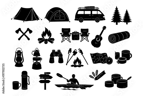 Camping adventure icons: gear, tents, campfire, kayak, hiking essentials.