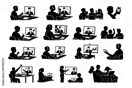 Silhouettes of diverse virtual communication scenarios with technology devices.