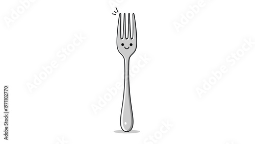 Whimsical and charming fork with a cute smiling face on its tines, adding a touch of personality to everyday kitchen utensils.