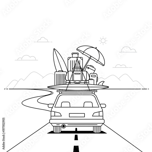 Car with luggage on top driving.