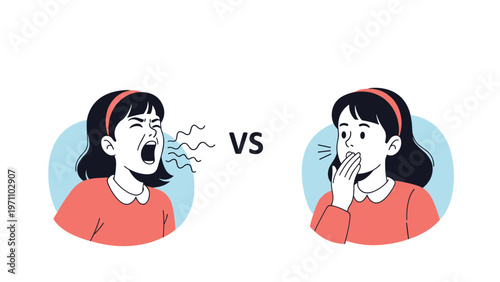 Comparative illustration showing a girl loudly yelling with sound waves versus another girl calmly yawning, representing contrasting vocal expressions and states.