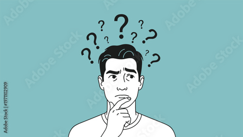 Thoughtful and confused man with a hand on his chin, surrounded by floating question marks, representing doubt, uncertainty, and problem-solving.