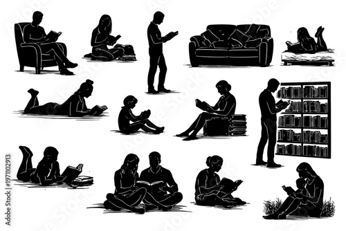 Silhouettes of diverse people reading in various poses and settings.