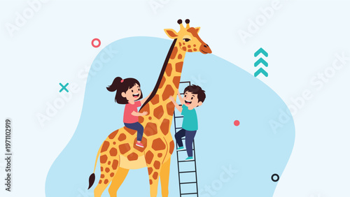 Playful illustration of two children interacting with a tall giraffe, one riding on its back and the other climbing a ladder, depicting fun and adventure.