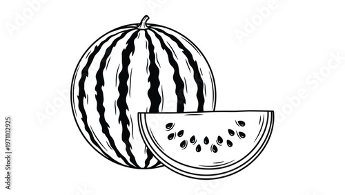 Refreshing whole watermelon and a juicy sliced piece, rendered in detailed black and white line art, perfect for coloring pages or summer themes.