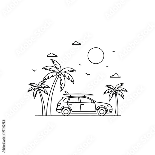 Car with surfboard on top driving.