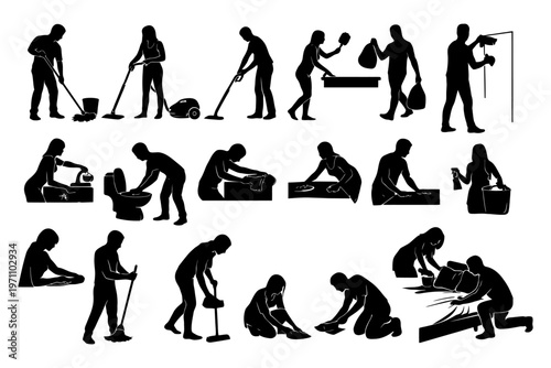 Silhouettes of people performing various household chores and tasks.