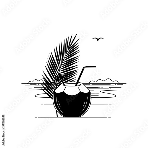 Coconut Drink with Palm Leaf.