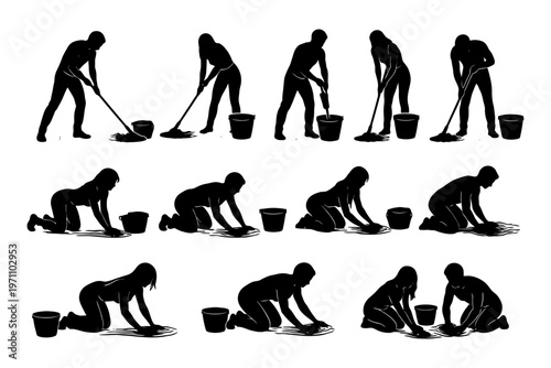 Silhouettes of men and women mopping and kneeling with buckets.