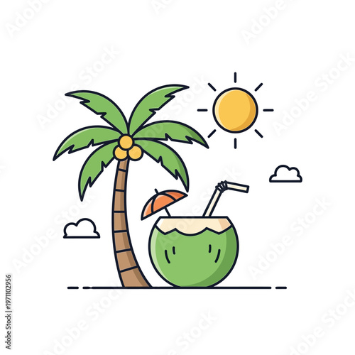 Coconut drink with umbrella and straw.