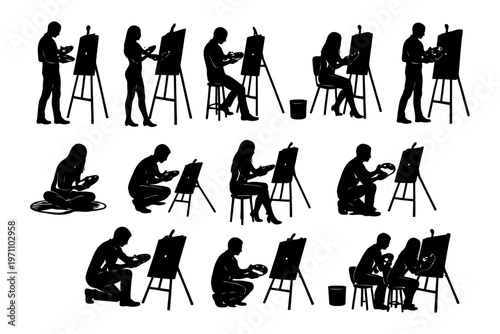 Silhouette artists painting on easels and sketching on floor.