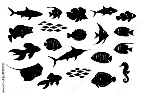 Silhouette collection of various fish and marine animals.
