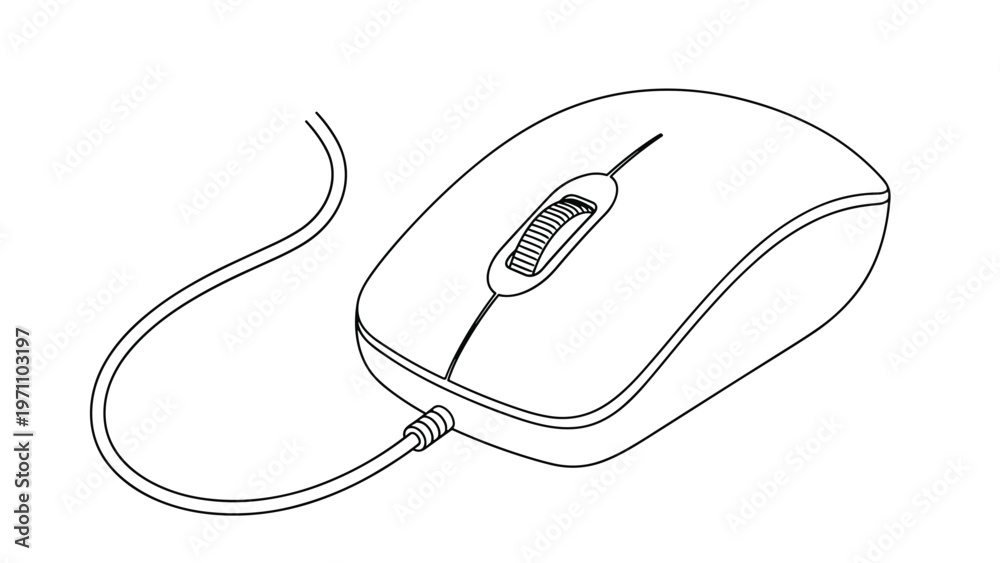 Fototapeta premium Detailed black and white outline drawing of a wired computer mouse with a scroll wheel, showing the connection cable, on a white background.
