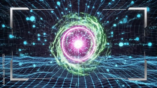 Abstract Energy Orb with Green Swirls and Digital Grid Background