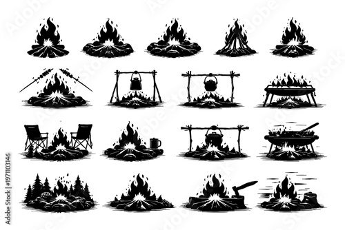 Silhouettes of campfires and cooking over open flames in various settings.