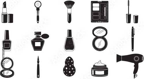 Chic Black and White Makeup and Beauty Icons Set: Lipstick, Perfume, Brushes, Hair Dryer, Compact Mirror, Nail Polish, Mascara, Eyeshadow Palette, Foundation, Beauty Blender