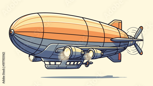 Retro-futuristic pixel art illustration of a large orange and blue dirigible or blimp with visible engines, propellers, and gondola in flight.