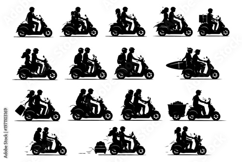 Silhouettes of scooters with riders in various activities.