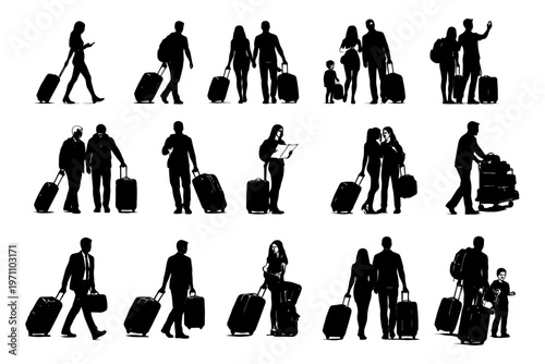 Silhouette collection of travelers with luggage in various poses.