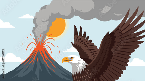 Majestic bald eagle soaring in the sky with a dramatic erupting volcano spewing ash and smoke in the background under a bright sun.
