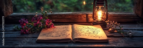 Cozy Reading Nook by the Window with Antique Lamp, Illuminated Pages, and Natural Beauty Vibes