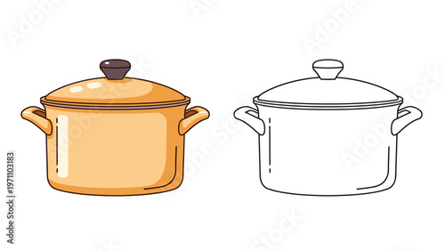 Vibrant colored and black outline drawing of a round cooking pot with a lid and two handles, ideal for kitchen-themed illustrations.