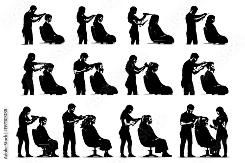 Silhouette of hairstylists and clients in salon setting.