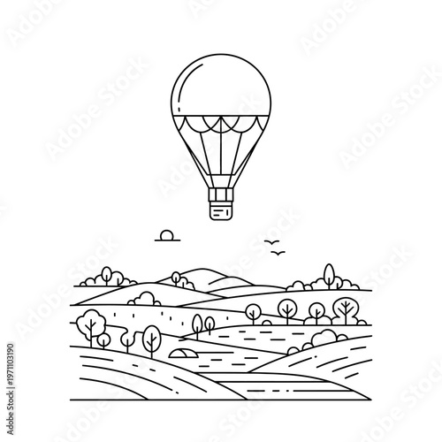 Hot air balloon flying over landscape.