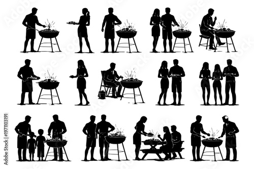 Silhouettes of diverse people enjoying a bbq gathering.