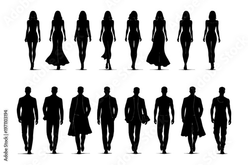 Silhouettes of diverse male and female figures walking in fashion attire.